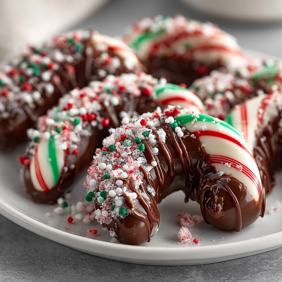 Einfaches Rezept: Schokoladen-Candy-Canes mit Peppermint-Geschmack und festlichen Motiven, ideal für Feiertage.