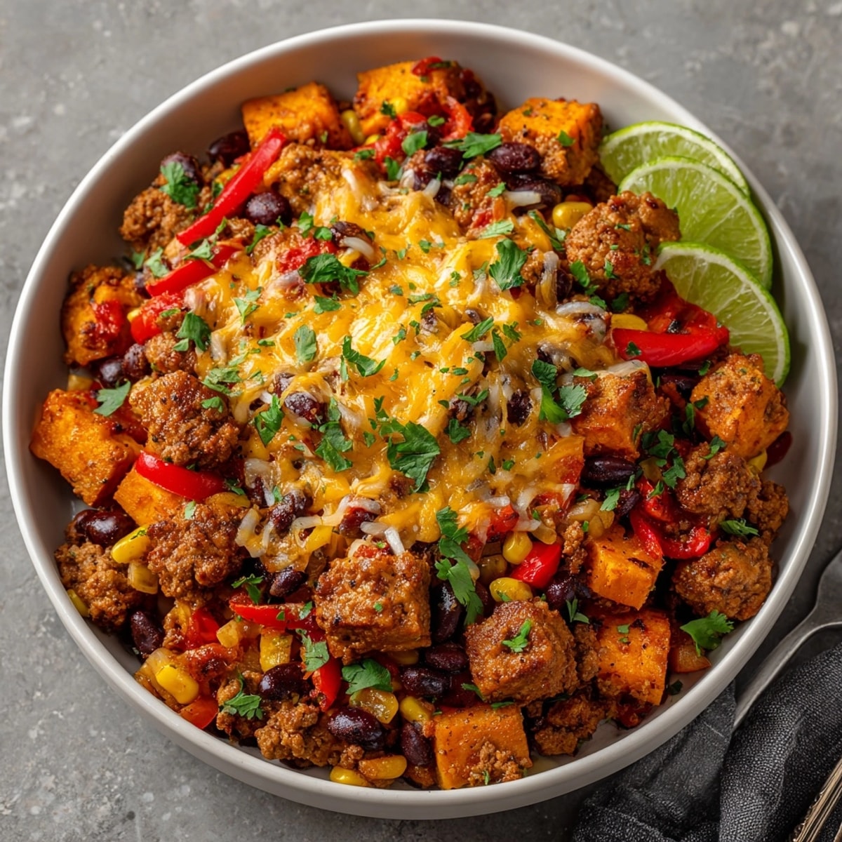 Lebhaftes Tex-Mex Truthahn-Süßkartoffel-Pfannengericht, servierfertig mit Limetten und Koriander, warm, würzig und einladend.