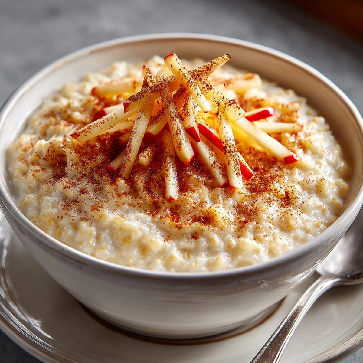 Warmes Porridge mit Apfel und Zimt: Ein cremiger Start in den Tag, mit Zimt bestreut.