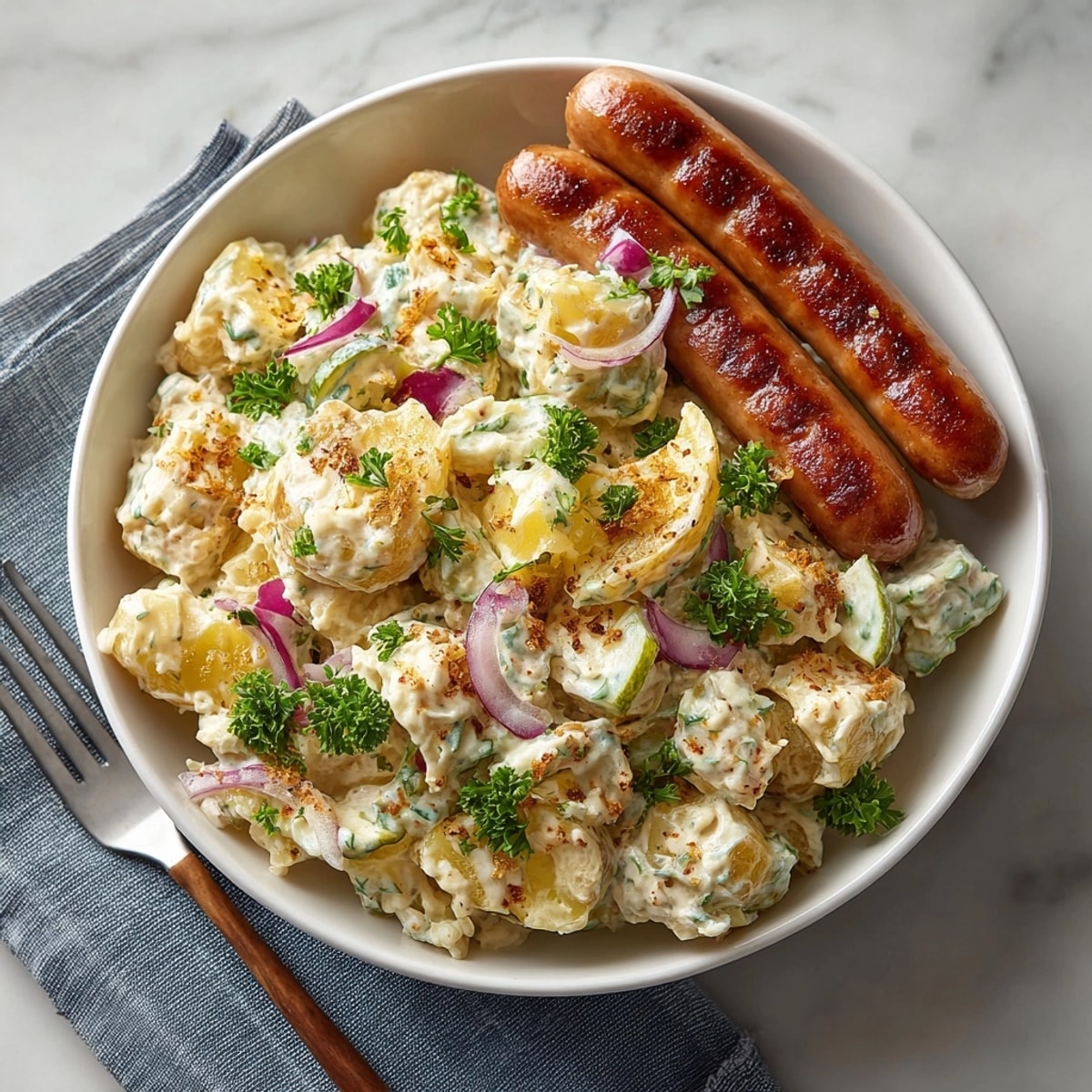 Herzhafter Kartoffelsalat mit Würstchen Rezept: Warmer, reichhaltiger Salat mit herzhaften Würstchenscheiben, perfekt für einen gemütlichen Mittagstisch.