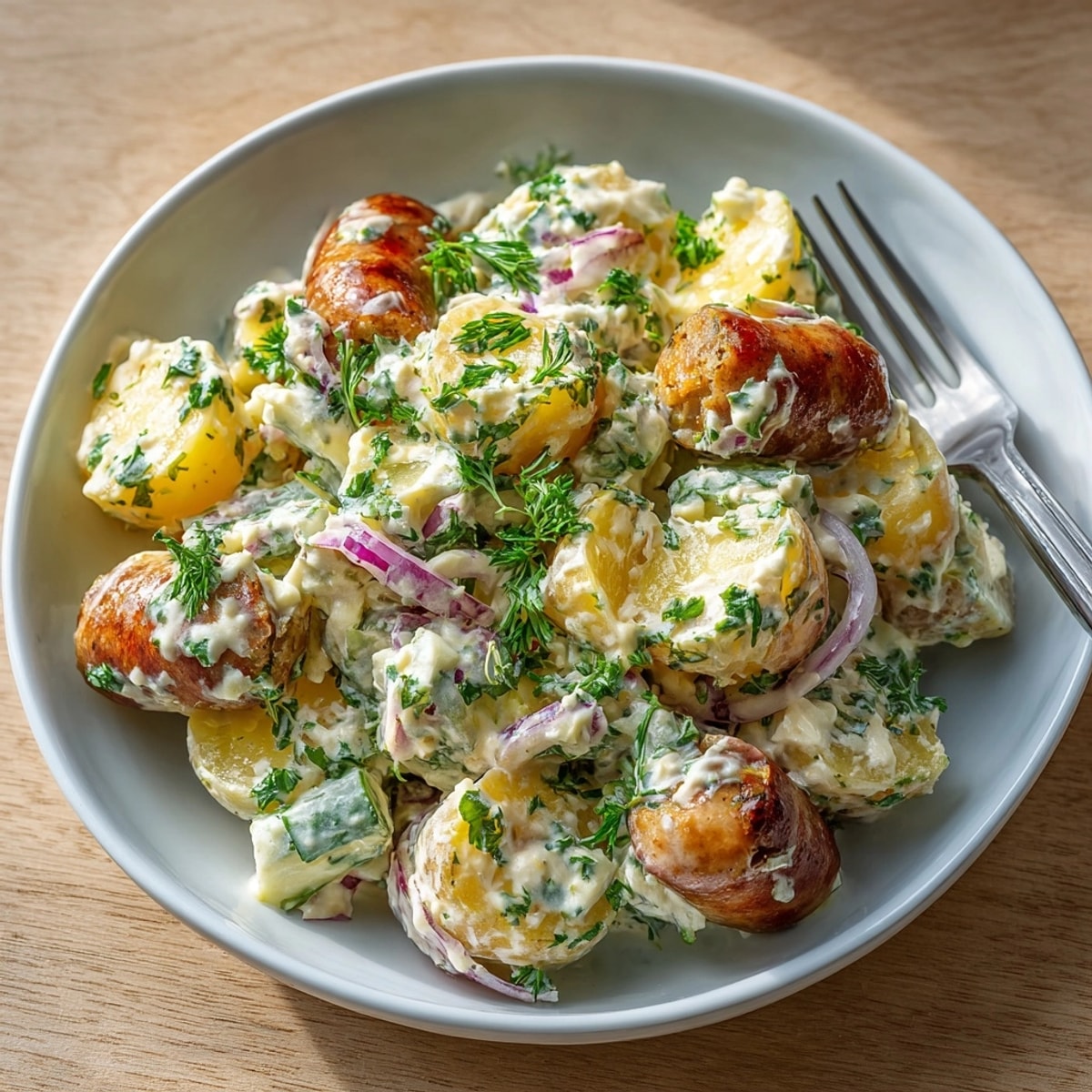 Rezept f&uuml;r deftigen Kartoffelsalat mit W&uuml;rstchen: Ein deftiges Gericht f&uuml;r jeden Tag, lecker angerichtet und dampfend frisch.