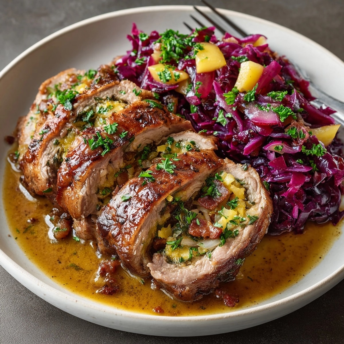 Rinderroulade mit Rotkohl: Tender beef rolls braised until soft, next to vibrant, tender red cabbage.