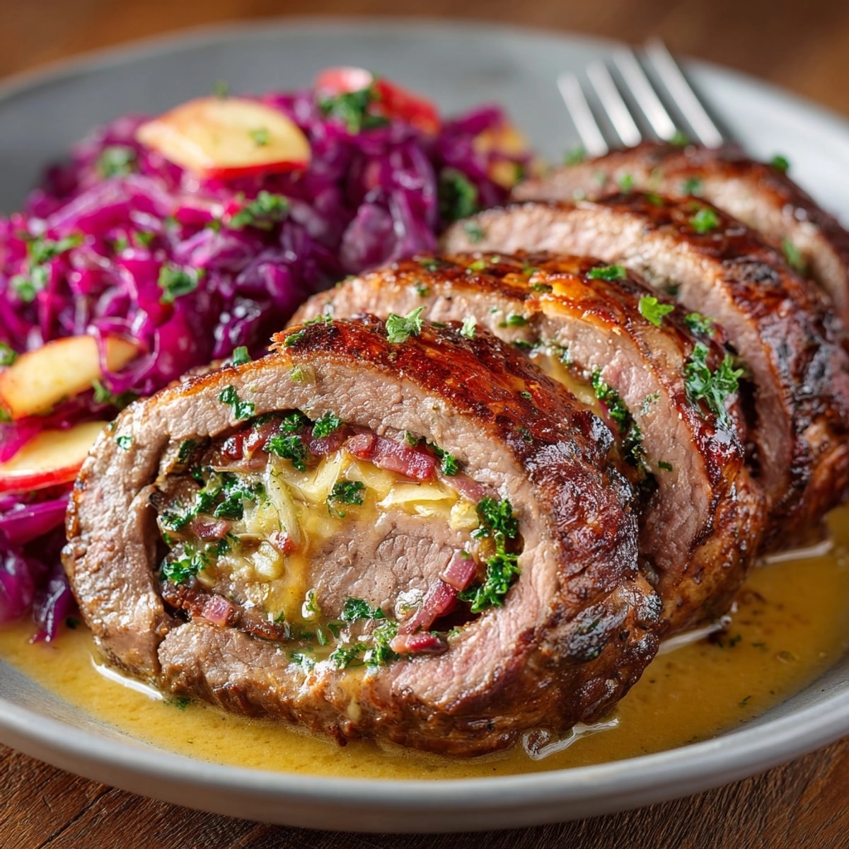Rinderroulade mit Rotkohl: Savory, stuffed beef roulades simmered in a rich sauce with tangy red cabbage on the side.
