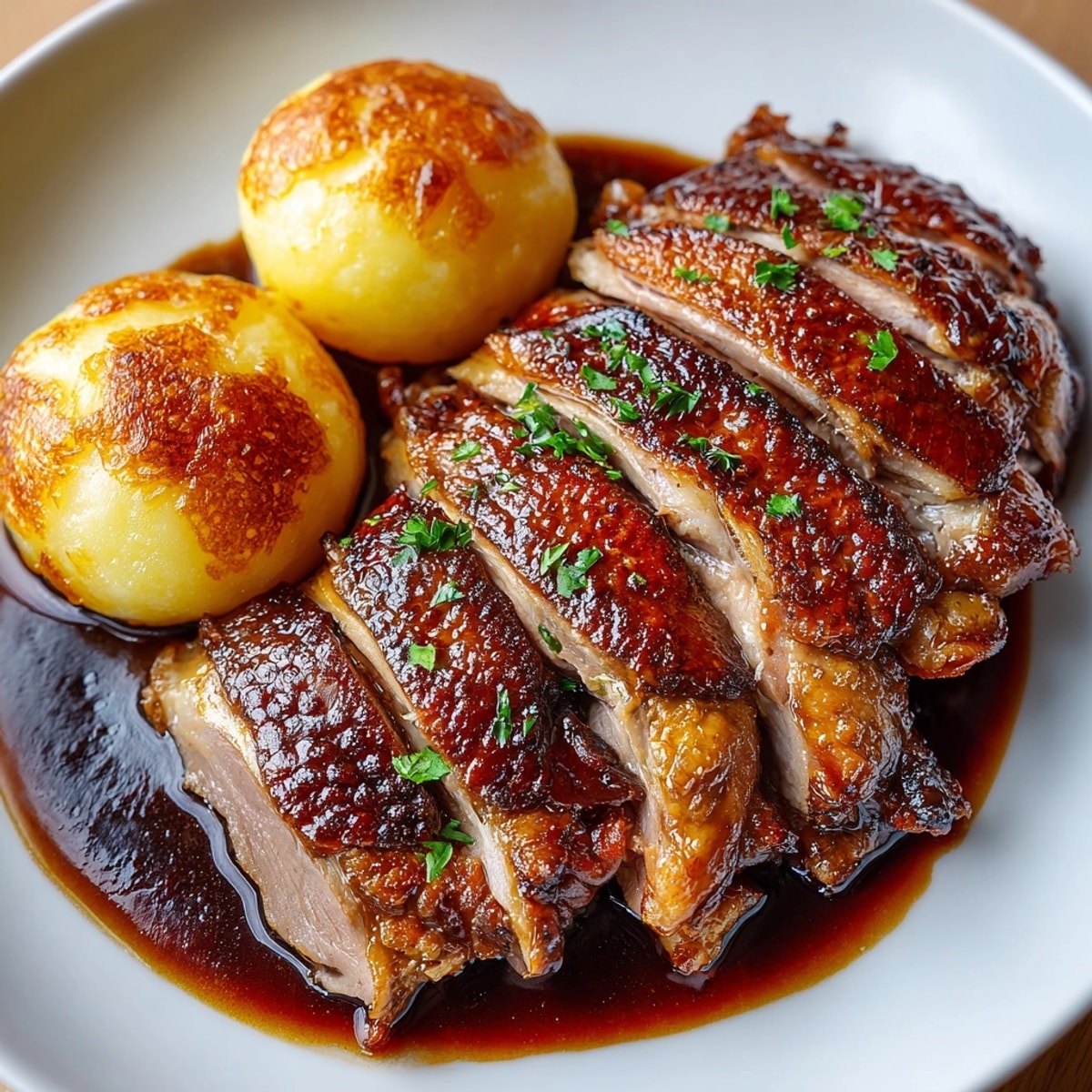 Festlicher Gänsebraten mit Klößen, knusprig gebräunt, ein herzhaftes Gericht für besondere Anlässe.