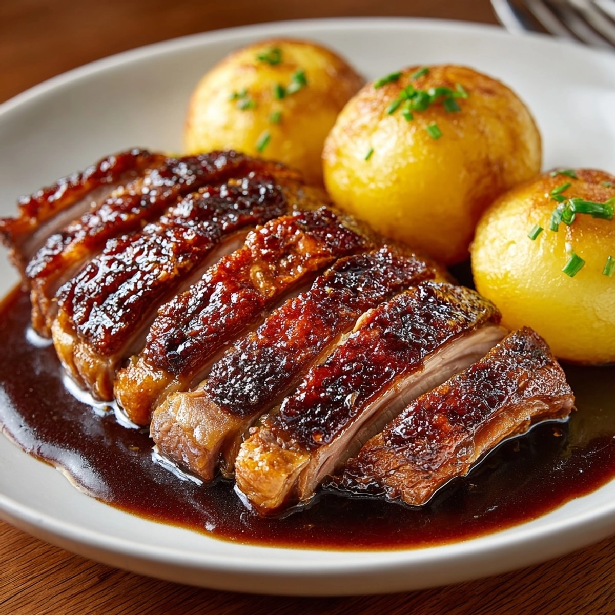 Hausgemachter Gänsebraten mit Klößen, ein deftiges, klassisches Familienessen mit Kartoffelknödeln.