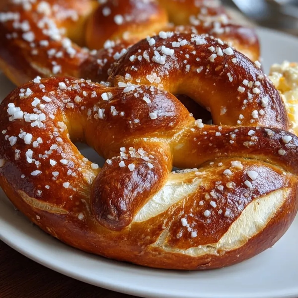 Brezn mit Obazda: Frische Brezel, bestrichen mit cremig-würzigem Obazda, ein bayerischer Genuss für jede Brotzeit.