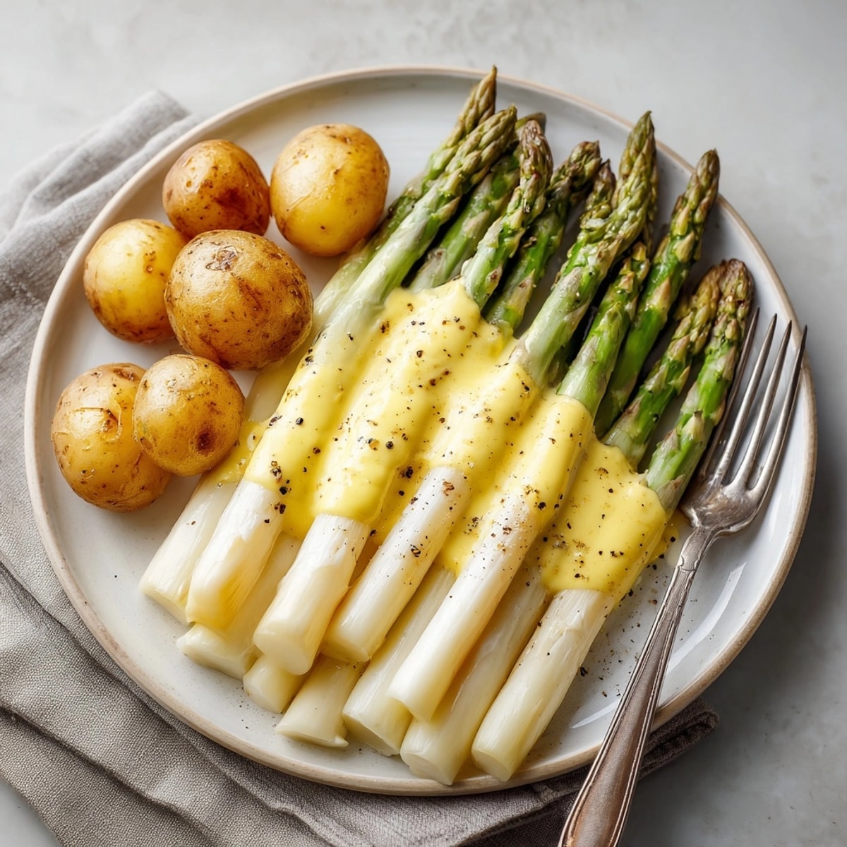 Spargel mit neuen Kartoffeln: Frischer grüner Spargel dampft, serviert mit zarten Kartoffeln und reichhaltiger Sauce Hollandaise.