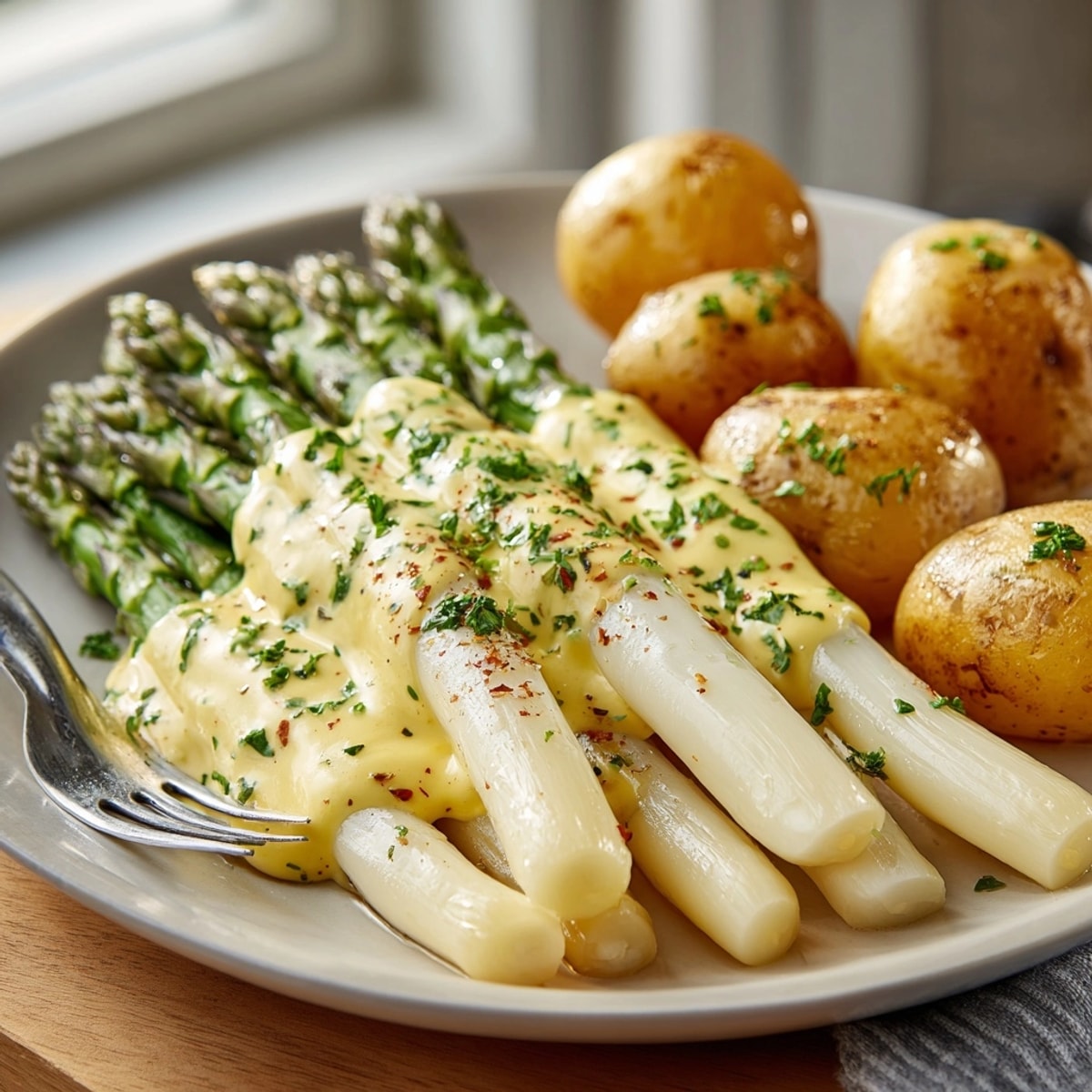 Genießen Sie dieses klassische Spargel mit neuen Kartoffeln-Rezept, mit cremiger Sauce Hollandaise übergossen.