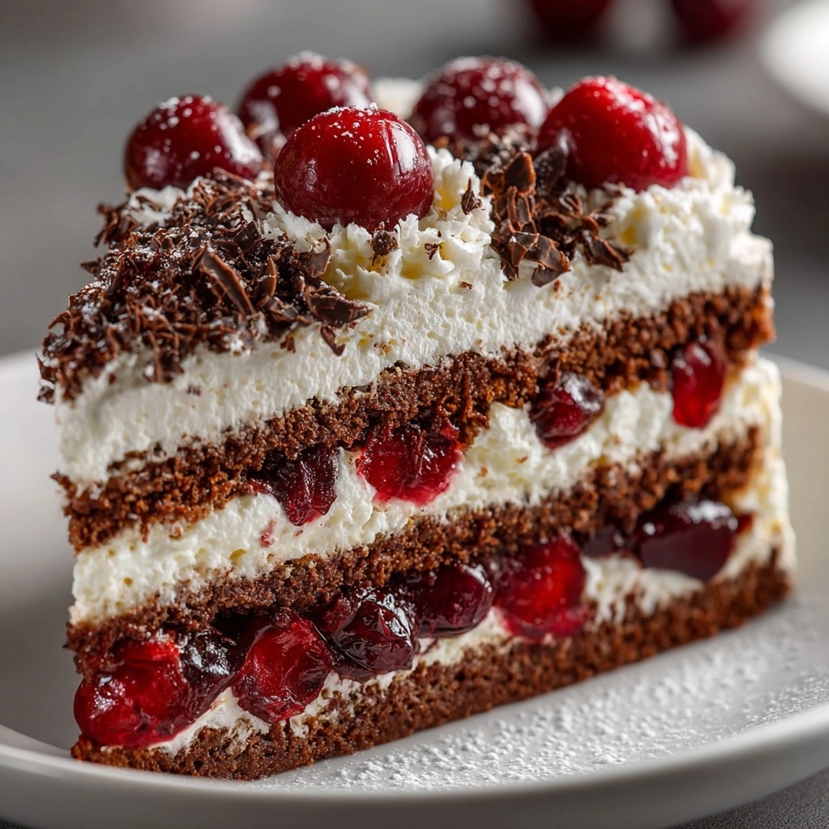 Saftige Schwarzwälder Kirschtorte mit cremiger Sahne und dunklen Schokoladenraspeln, ein Fest für die Sinne.