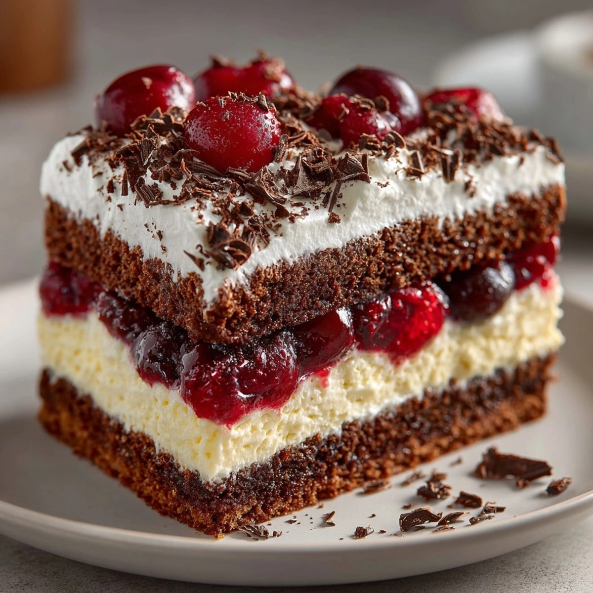 Schicht für Schicht Schwarzwälder Kirschtorte genießen: dunkle Schokolade, süße Kirschen und frische Sahne.