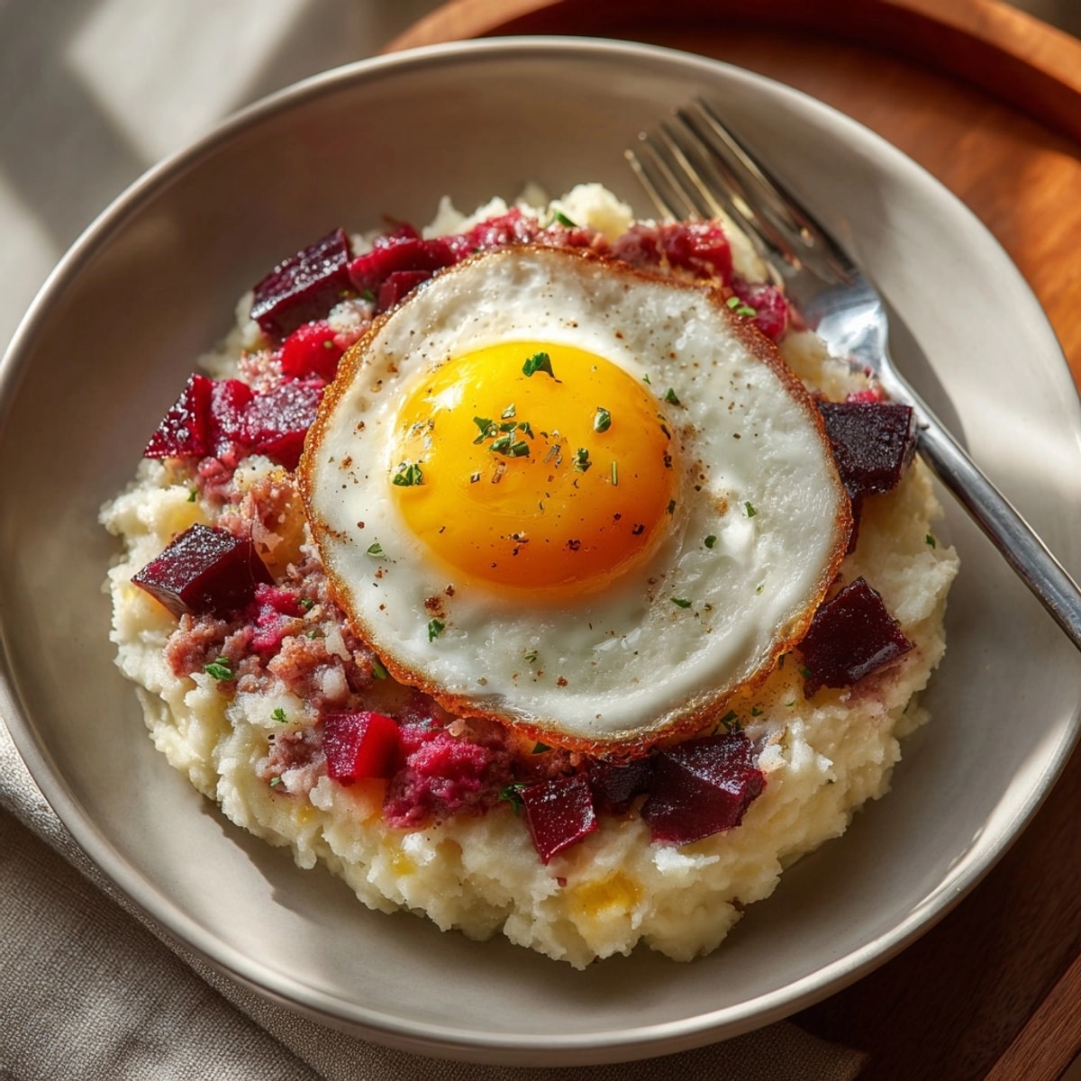 Labskaus Rezept Foto: Herzhaftes norddeutsches Gericht mit Rindfleisch, Rote Bete und Kartoffeln, garniert mit Spiegelei.