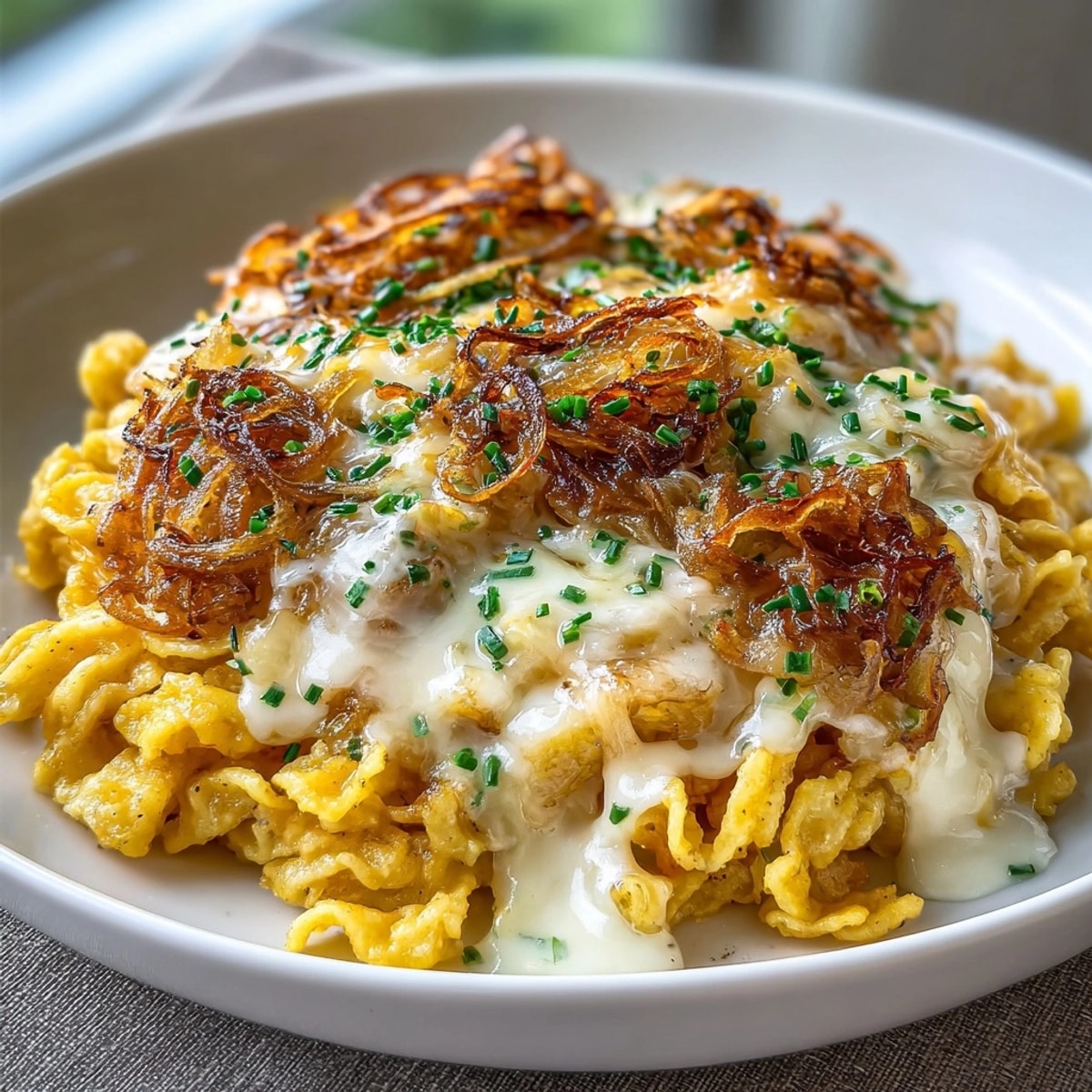 Käsespätzle recipe: Stringy melted cheese pulls clinging to tender egg noodles, a comforting vegetarian dish.