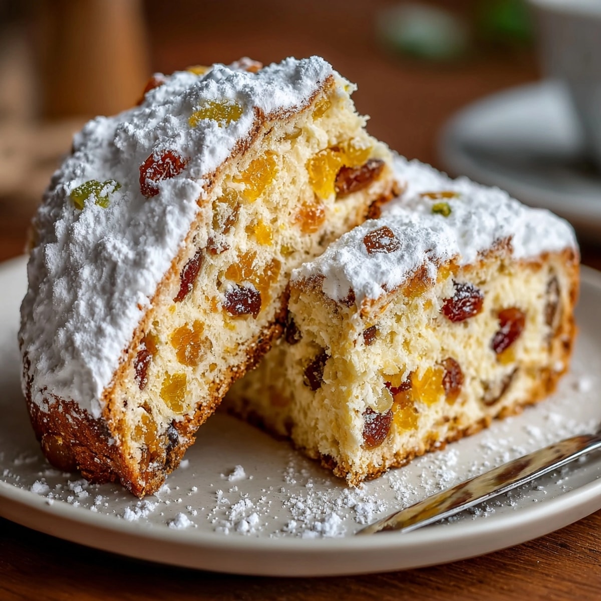 Saftiger Christstollen: ein aromatischer Weihnachtsstollen gefüllt mit kandierten Früchten und Mandeln, perfekt zum Adventskaffee.