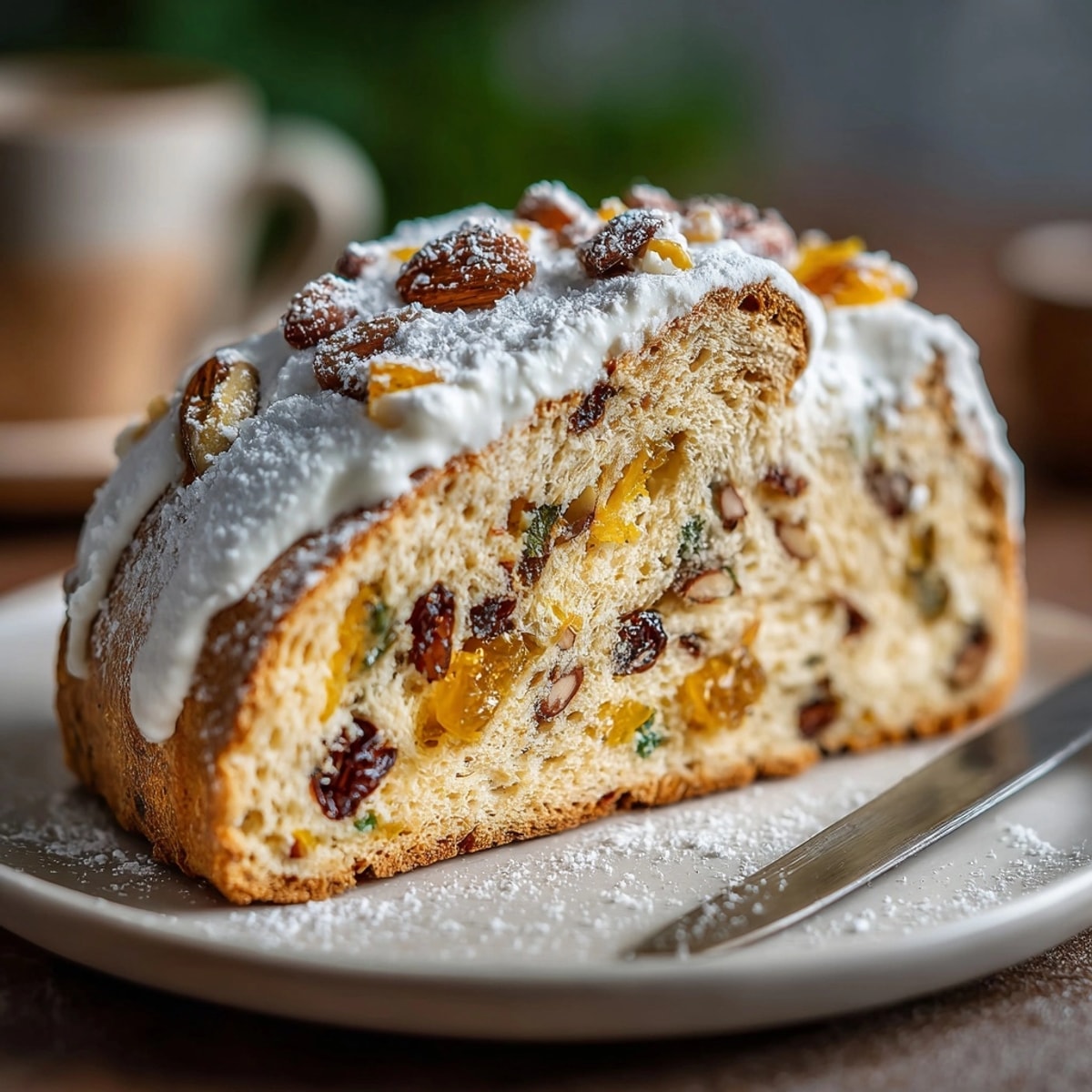 Hausgemachter Christstollen: festlicher Stollen mit Mandeln und Zitrusfrüchten, traditionell zu Weihnachten gebacken und mit Puderzucker bestäubt.