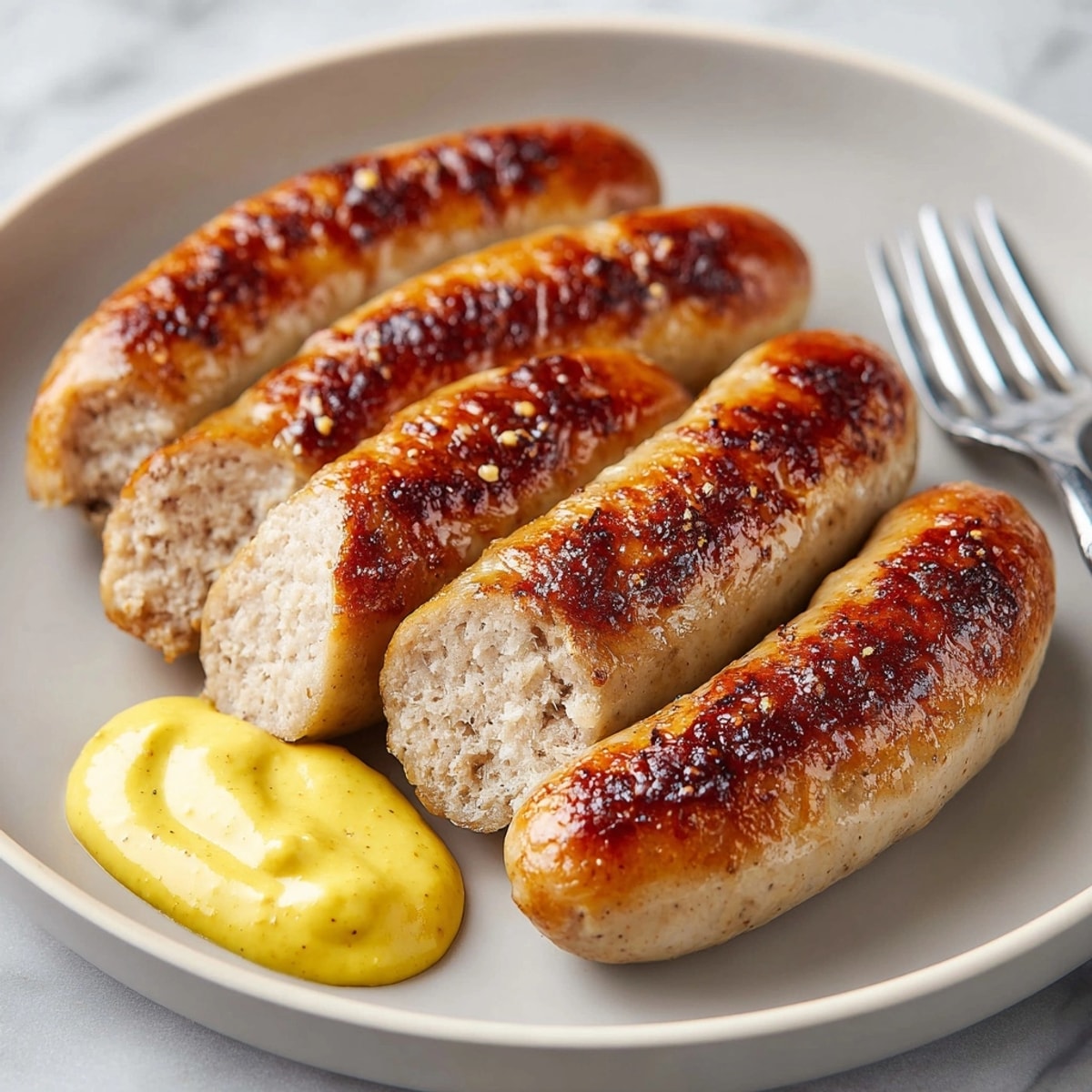 Weißwurst mit süßem Senf: cremige bayerische Weißwurst dampfend, serviert mit süßem Senf, ein herzhafter Genuss.