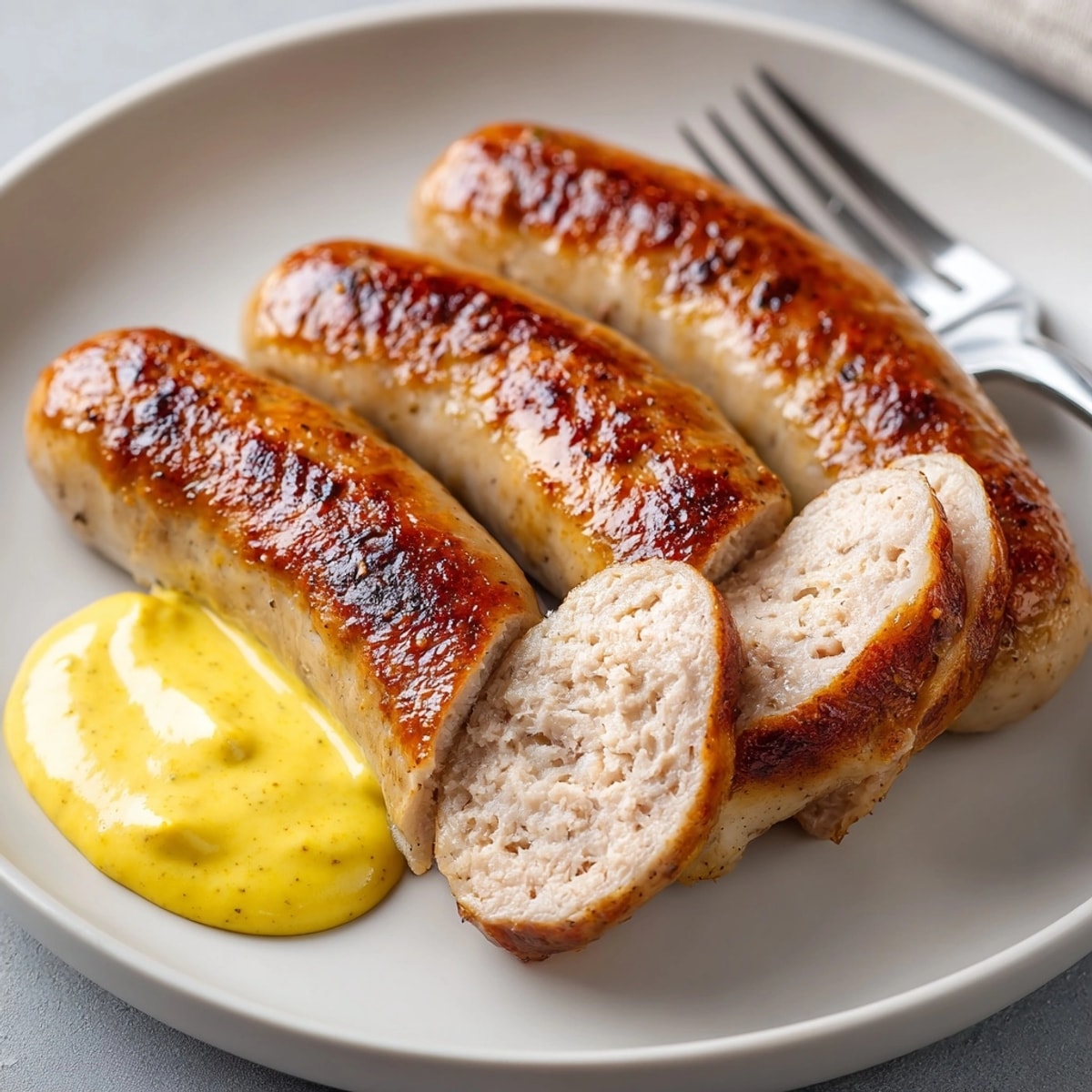 Bayrische Weißwurst mit süßem Senf: Zarte Wurst, leicht süßer Senf, traditionell und unwiderstehlich.