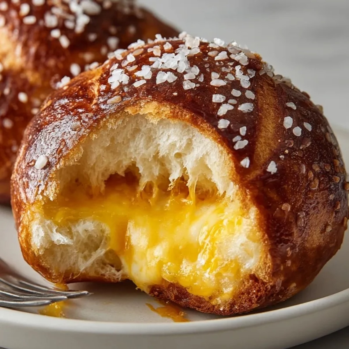 Weiche, goldbraune Käse-gefüllte Brezelbrötchen, heiß serviert, mit zerlaufendem Käse.