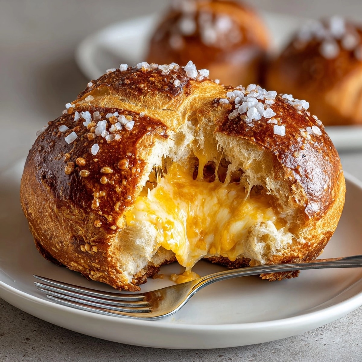 Selbstgemachte Käse-gefüllte Brezelbrötchen, eine köstliche Snack-Idee, bestreut mit Meersalz.