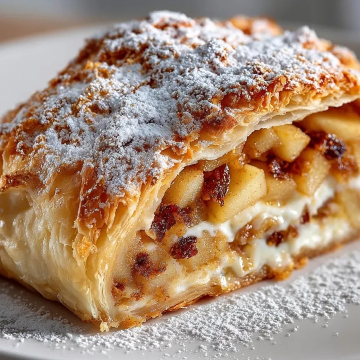 Goldener, knuspriger Quick Apple Strudel dampft frisch aus dem Ofen, Zuckerguss lässt ihn köstlich aussehen.