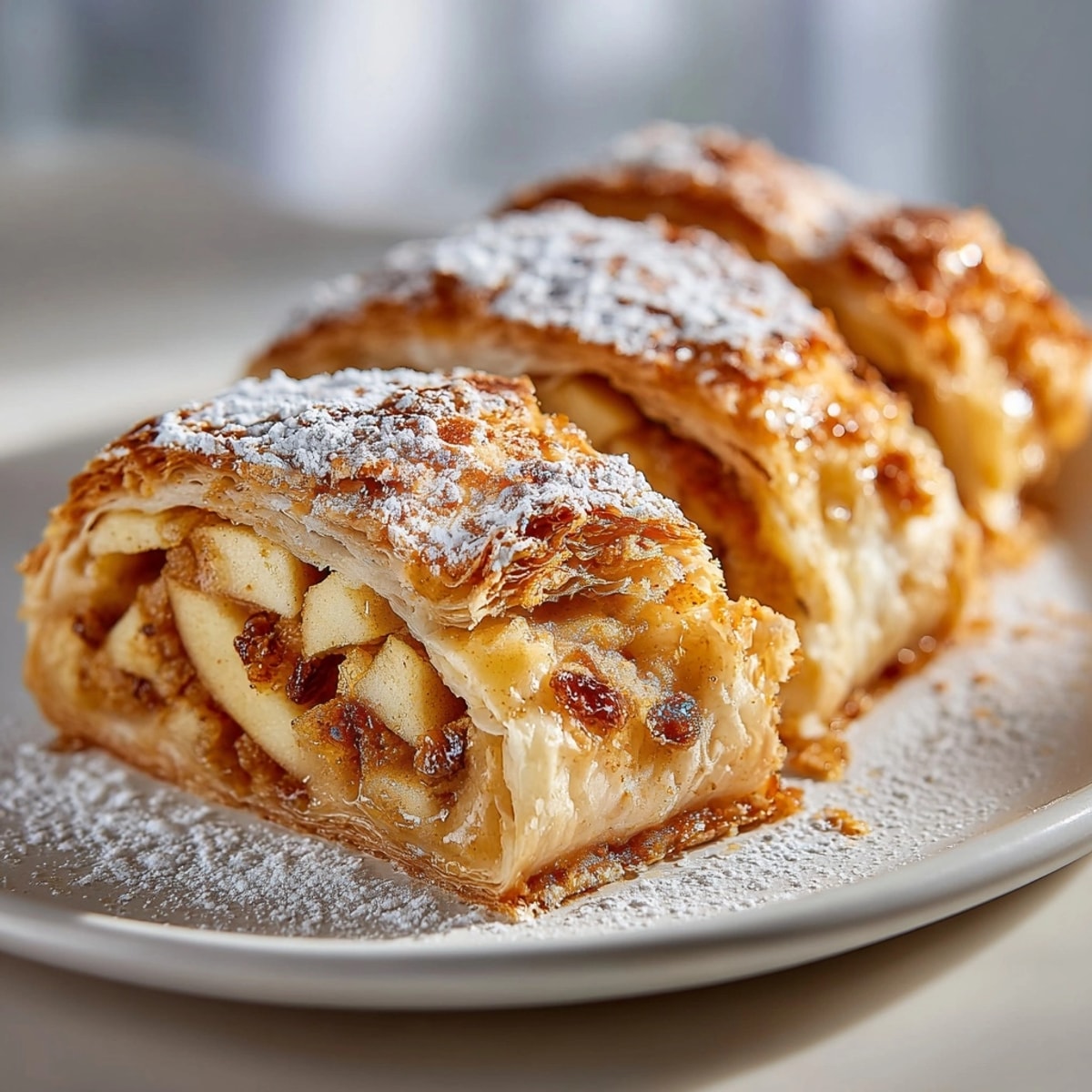 Blick auf einen saftigen Quick Apple Strudel, mit Zimt verziert, servierbereit mit Eis.