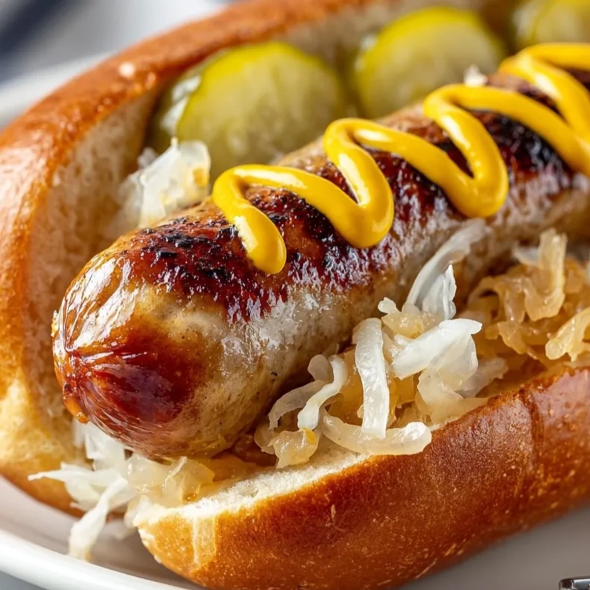 Saftige, gegrillte Bratwürste in Brötchen, belegt mit Sauerkraut, Zwiebeln und Senf.