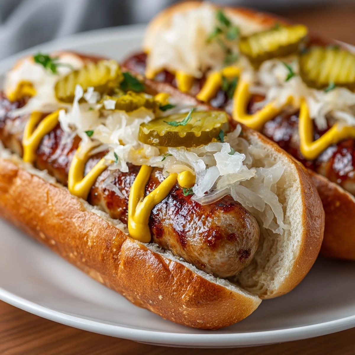 Nahaufnahme von einfachen gegrillten Bratwürsten, die dampfend auf einem Teller mit Beilagen liegen.