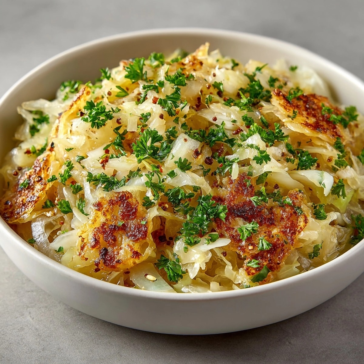 Einfach zuzubereitende Sautéed Sauerkraut Fast, mit frischen Gewürzen, servierfertig als Beilage.