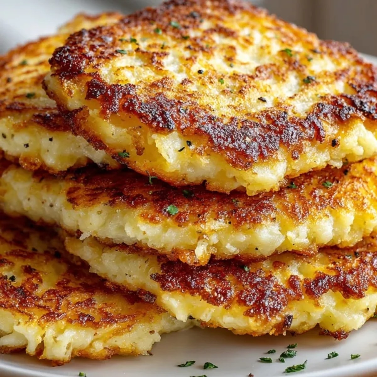 Goldbraune, knusprige Kartoffelpuffer dampfen heiß – ein perfektes herzhaftes Gericht.