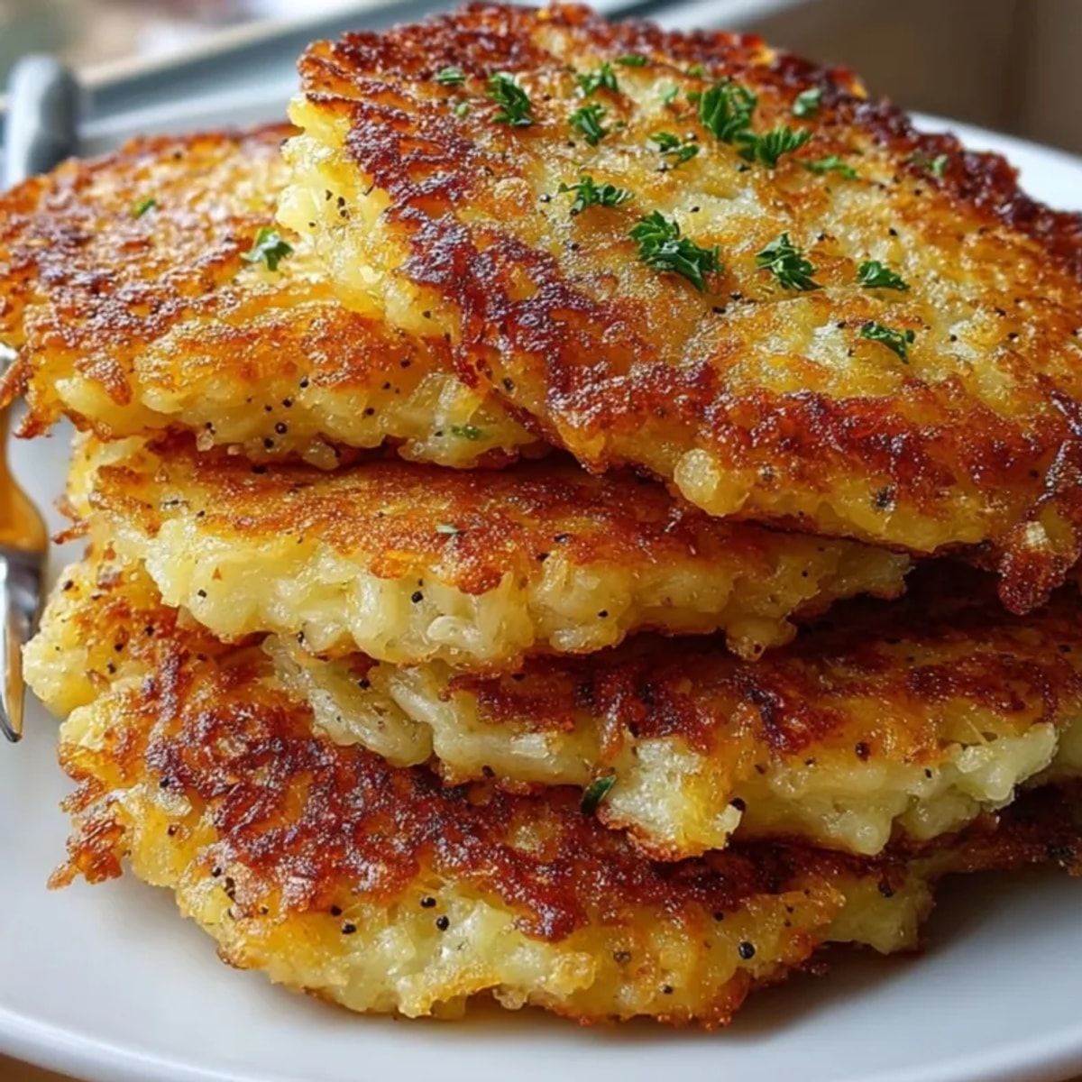 Nahaufnahme von frisch zubereiteten Kartoffelpuffern, die mit einem Klecks saurer Sahne serviert werden.