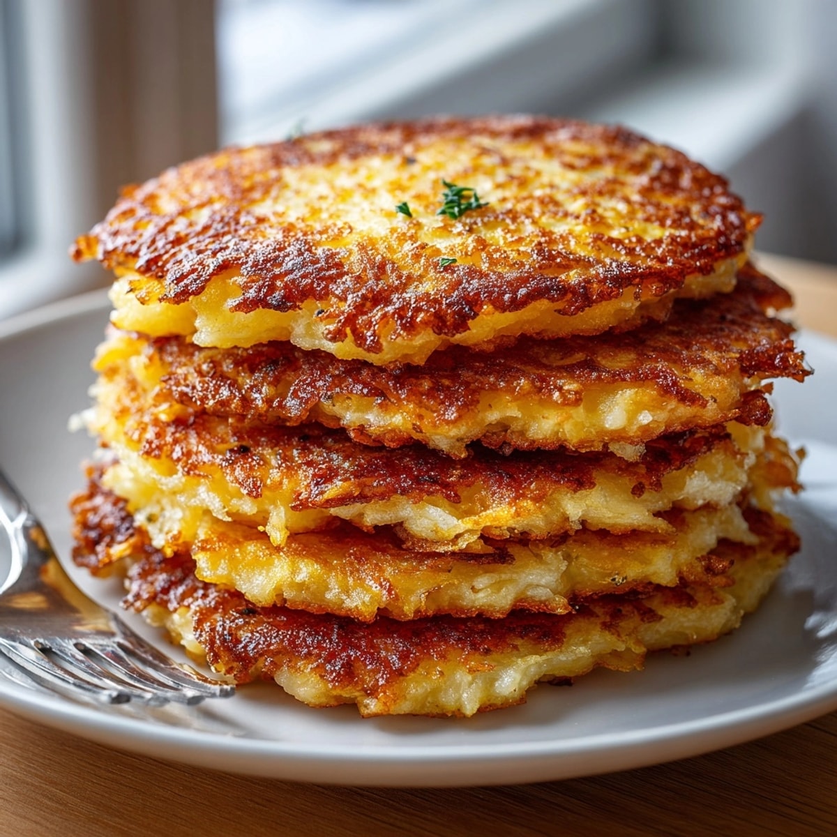 Hausgemachte Kartoffelpuffer, außen knusprig, innen weich, bereit zum Servieren.