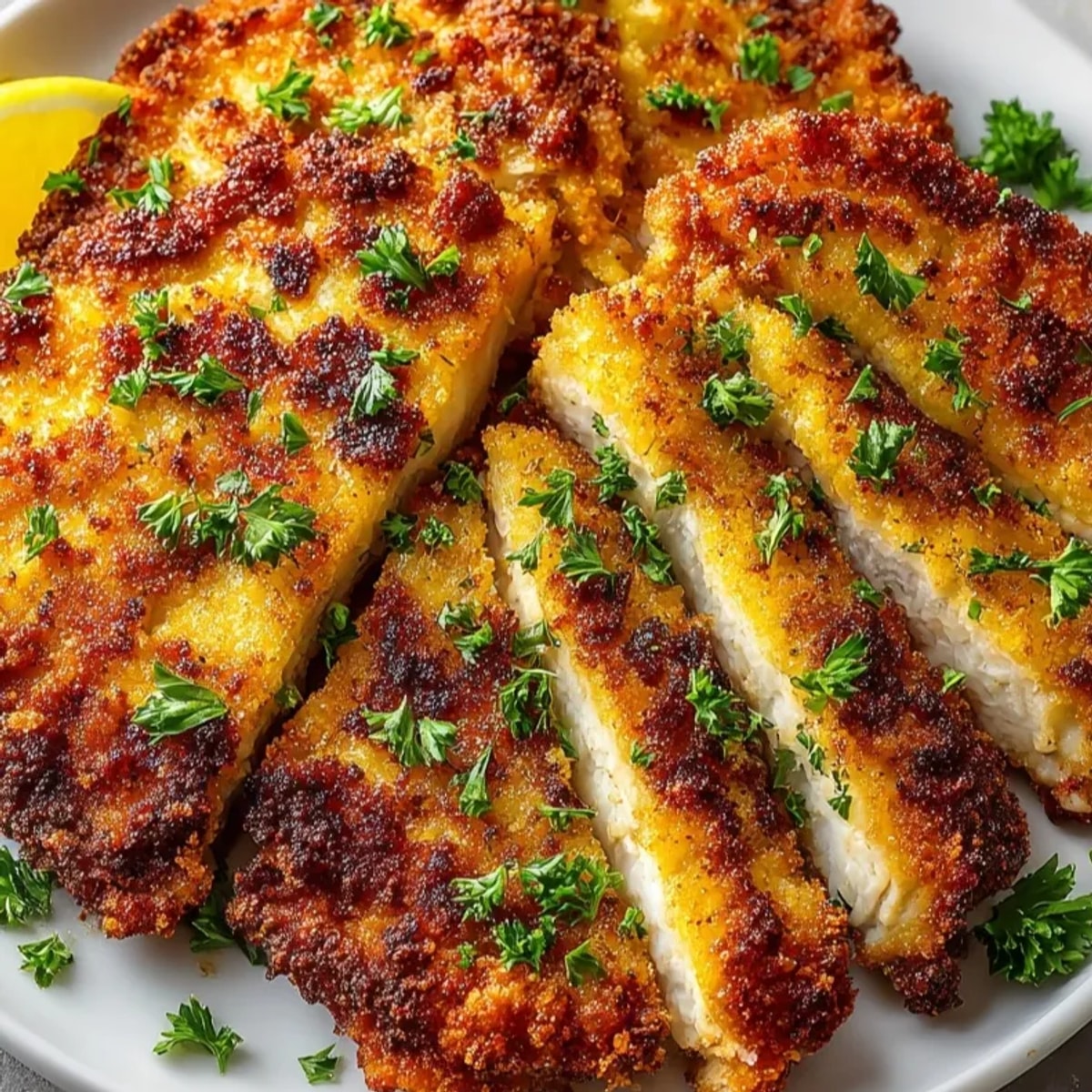Ofengebackenes Schnitzel, knusprig paniert und goldbraun, direkt aus dem Ofen serviert, mit Zitrone.