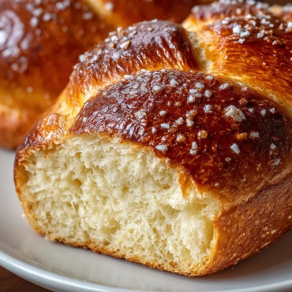 Weiche, goldbraune Laugenbrot-Laibe, frisch gebacken, bereit zum Aufschneiden und Genießen.
