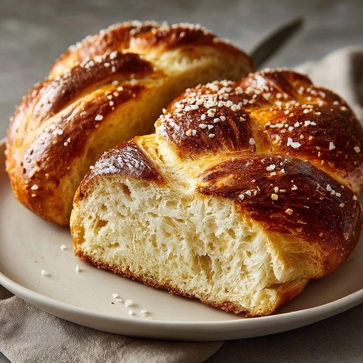 Dampfend heißes, frisch gebackenes Einfaches Laugenbrot, belegt mit grobem Salz, ideal für Sandwiches.