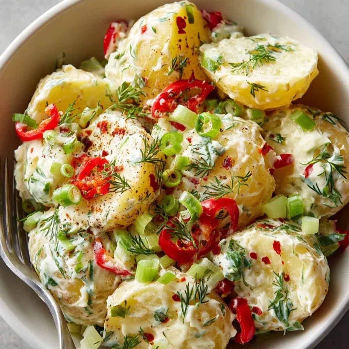 Cremiger Kartoffelsalat Light: Ein erfrischender, leichter Salat mit zarten Kartoffeln und Joghurtdressing.