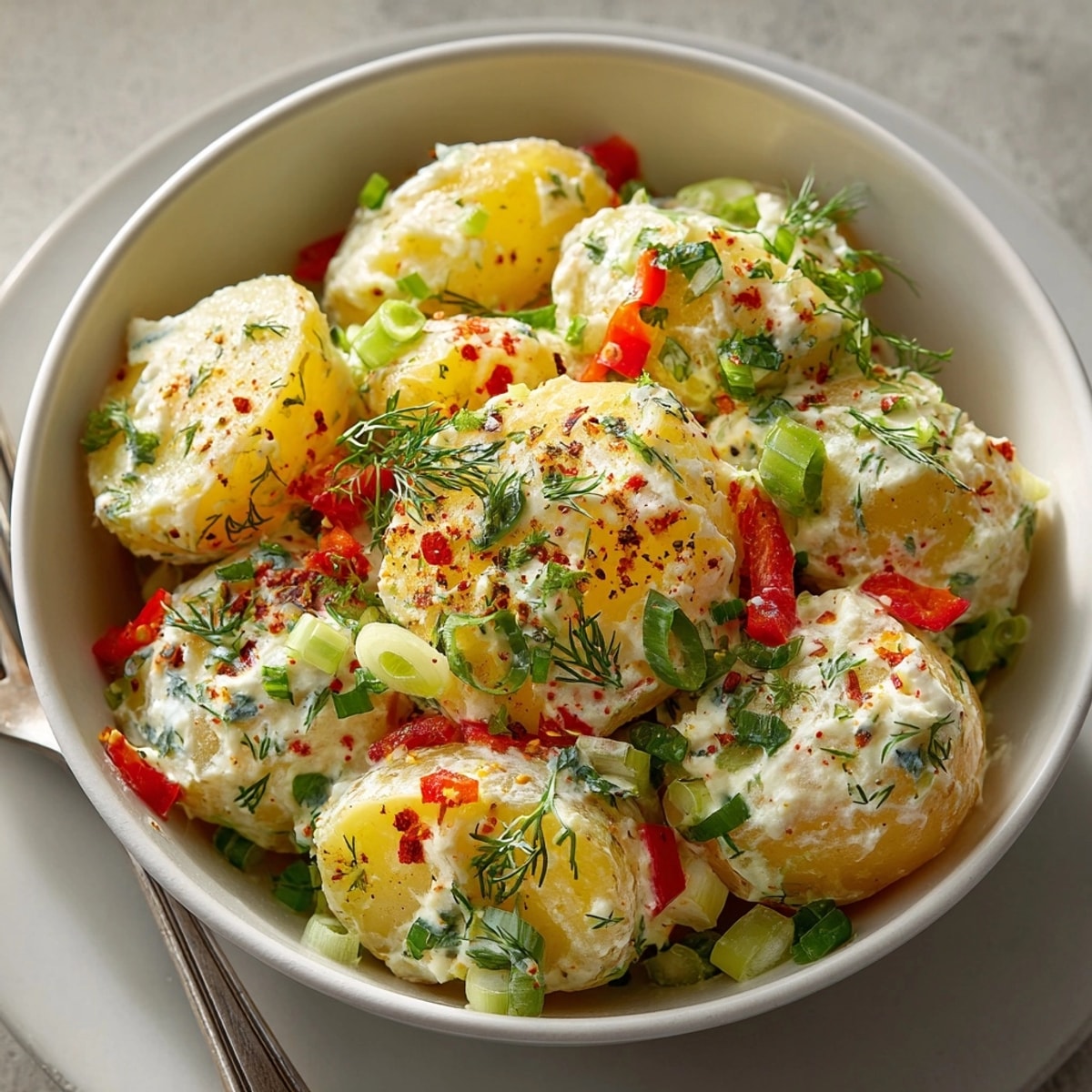 Genie&szlig;en Sie diesen Cremigen Kartoffelsalat Light: Eine herzhaft-frische amerikanische Beilage mit Gem&uuml;se und Kr&auml;utern.