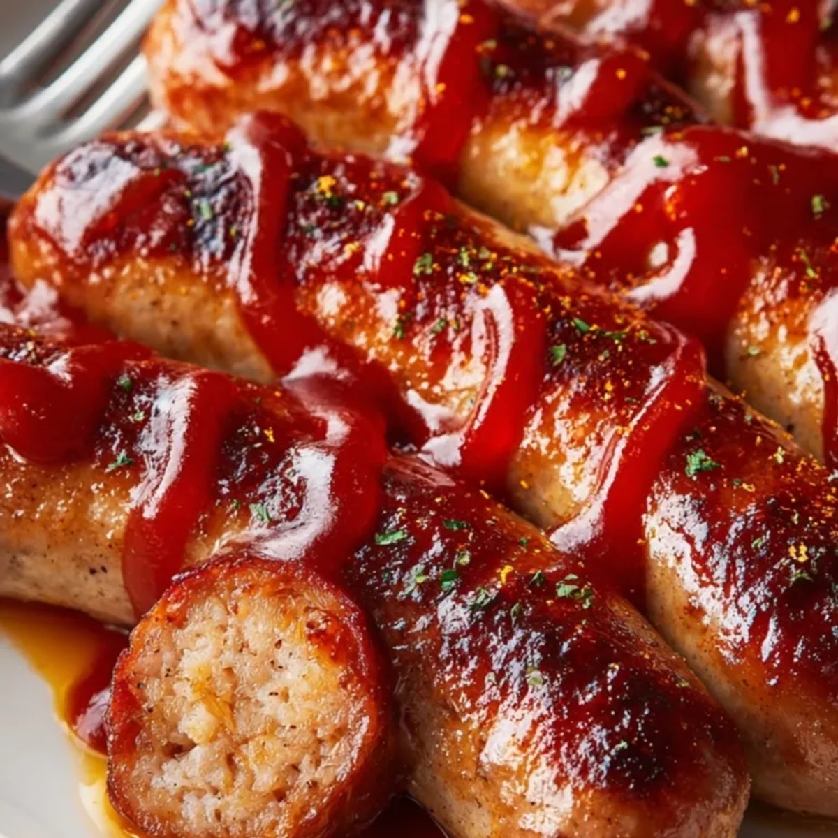 Herzhaftes Currywurst Rezept, glänzende Wurstscheiben mit duftender Curry-Ketchup-Sauce, eine köstliche deutsche Mahlzeit.