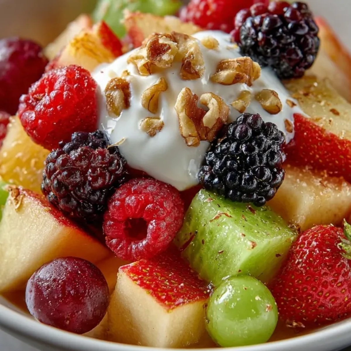 Warmer deutscher Obstsalat: Eine dampfende Schüssel duftender, saisonaler Früchte, leicht gewürzt und köstlich.