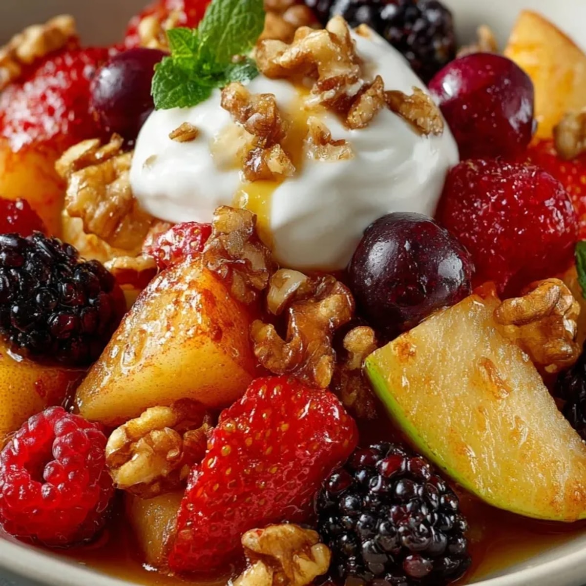 Hausgemachter warmer deutscher Obstsalat mit Zimt, servierfertig; ein wärmendes und einfaches Dessert.