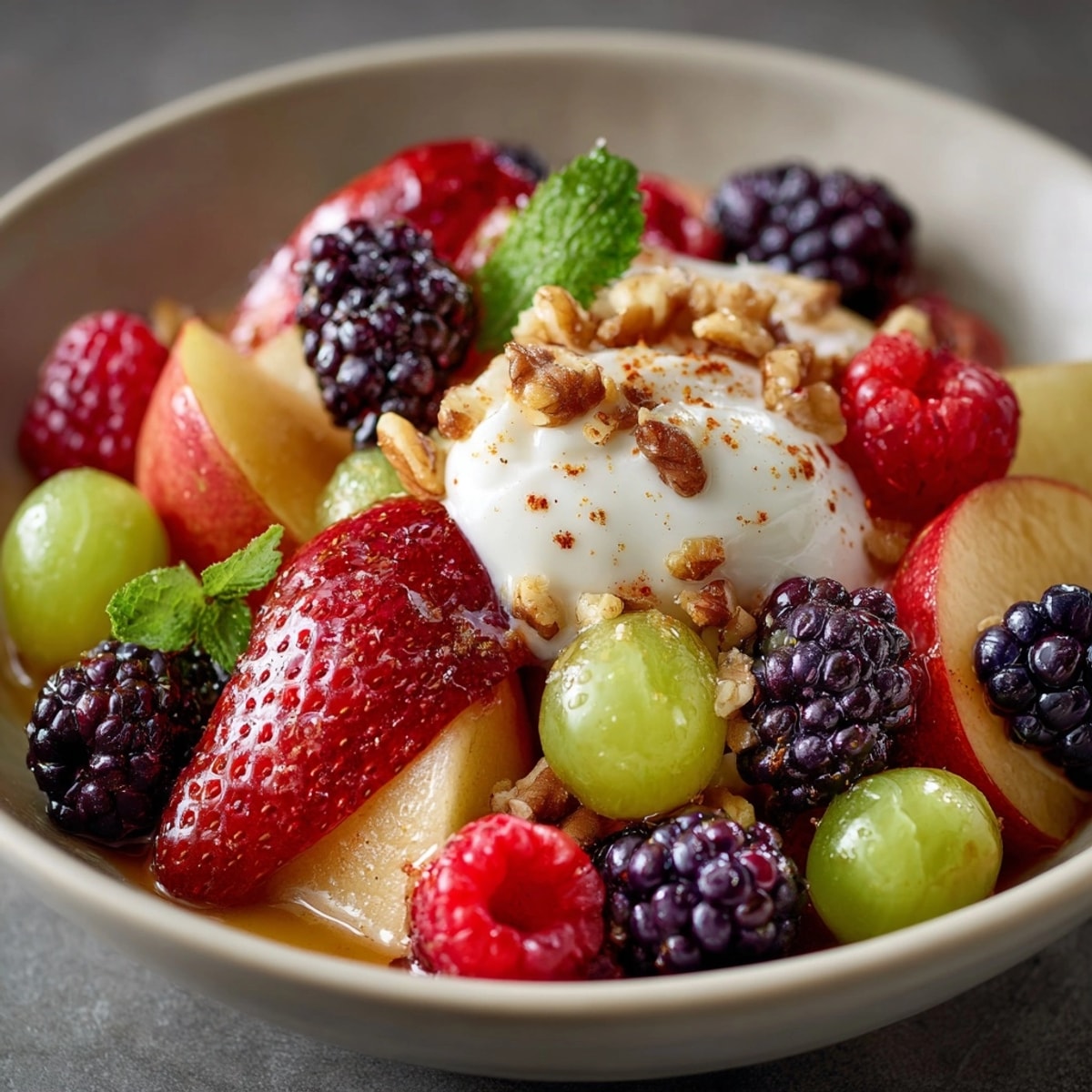 Nahaufnahme von glänzendem, warmem deutschem Obstsalat, garniert mit Nüssen, eine komfortable und einladende Speise.