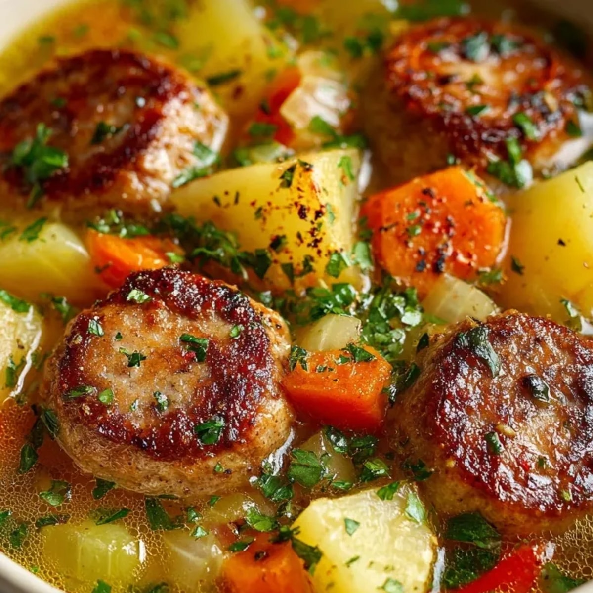 Schüssel mit herzhafter deutscher Wurstsuppe, mit frischer Petersilie garniert, dampfend heiß serviert.