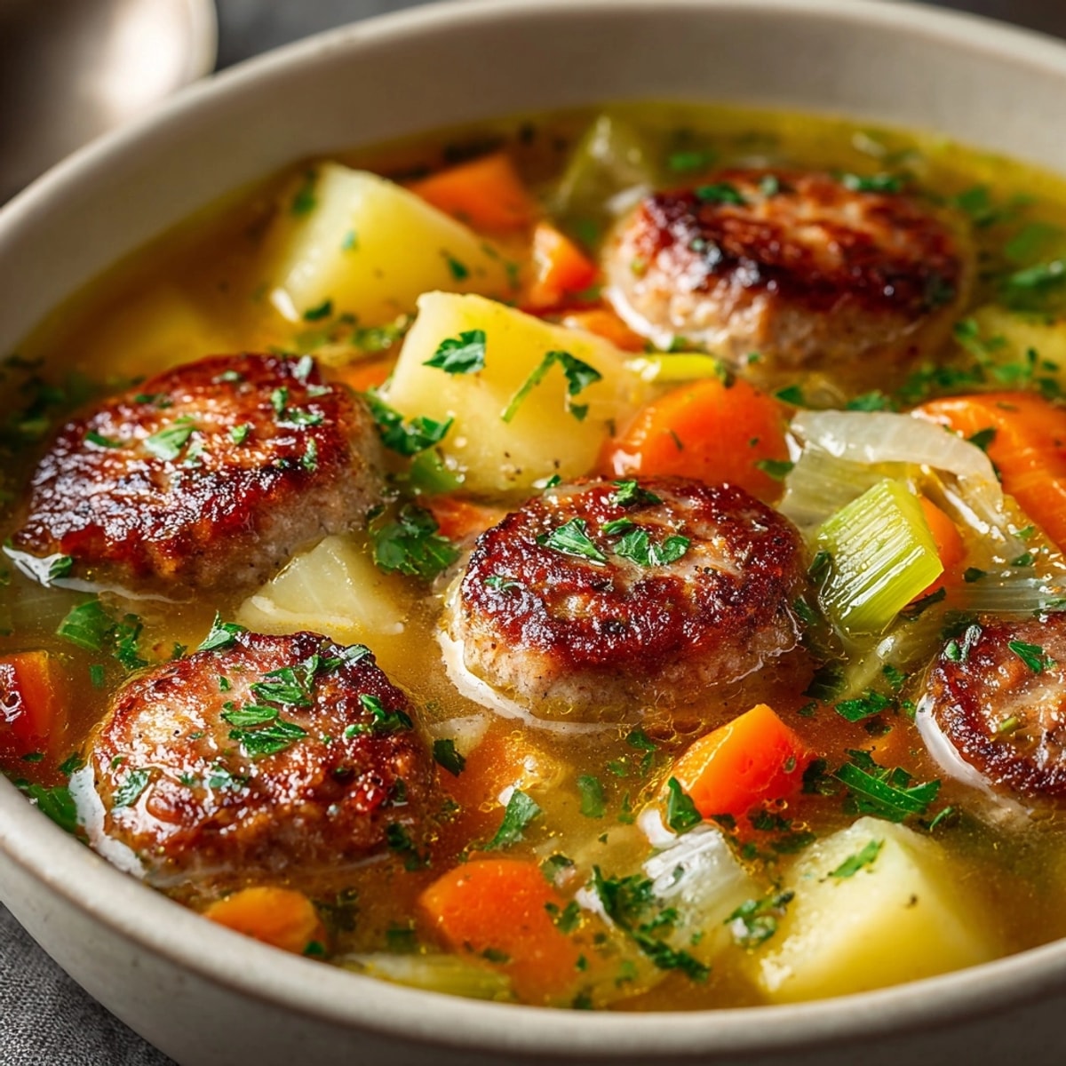 Leicht zuzubereitende deutsche Wurstsuppe; ein wärmendes Gericht mit Wurstscheiben und frischen Kräutern.