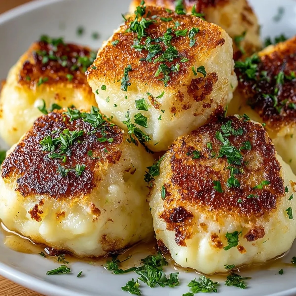 Homemade German potato dumplings simmering in water, ready to be served with rich gravy.