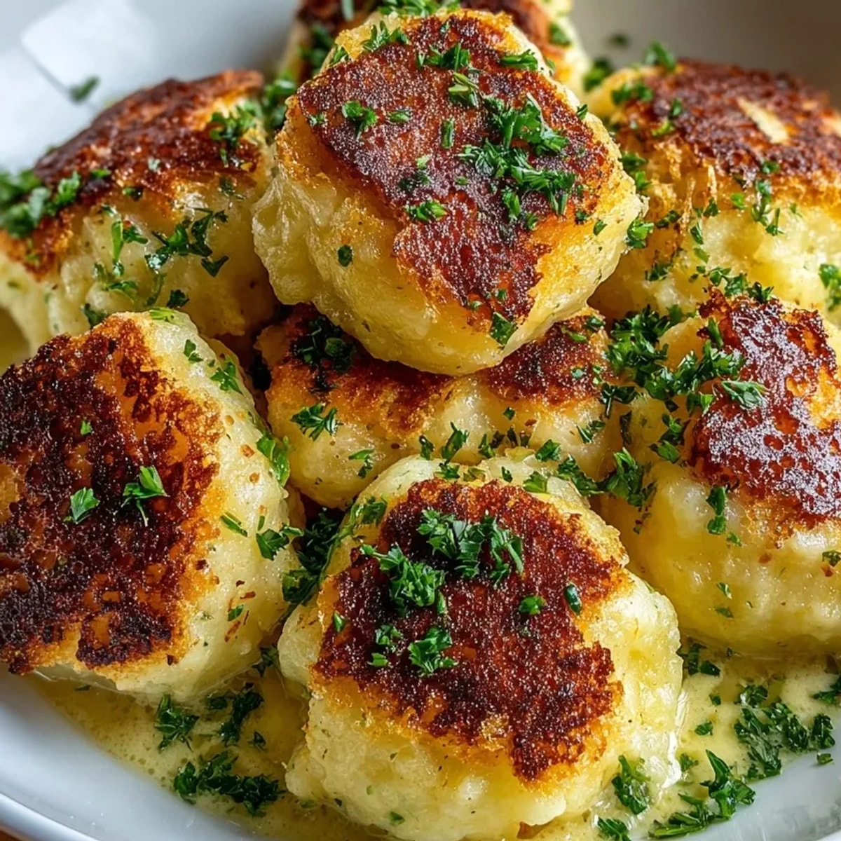 Goldbraune, gebratene Brotwürfel füllen weiche, herzhafte deutsche Kartoffelklöße (Kartoffelklöße).