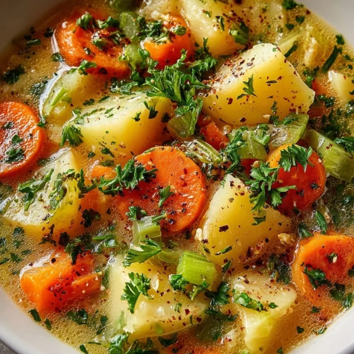 Eine dampfende Schüssel hausgemachter deutscher Kartoffelsuppe, garniert mit frischer Petersilie, perfekt für kalte Tage.