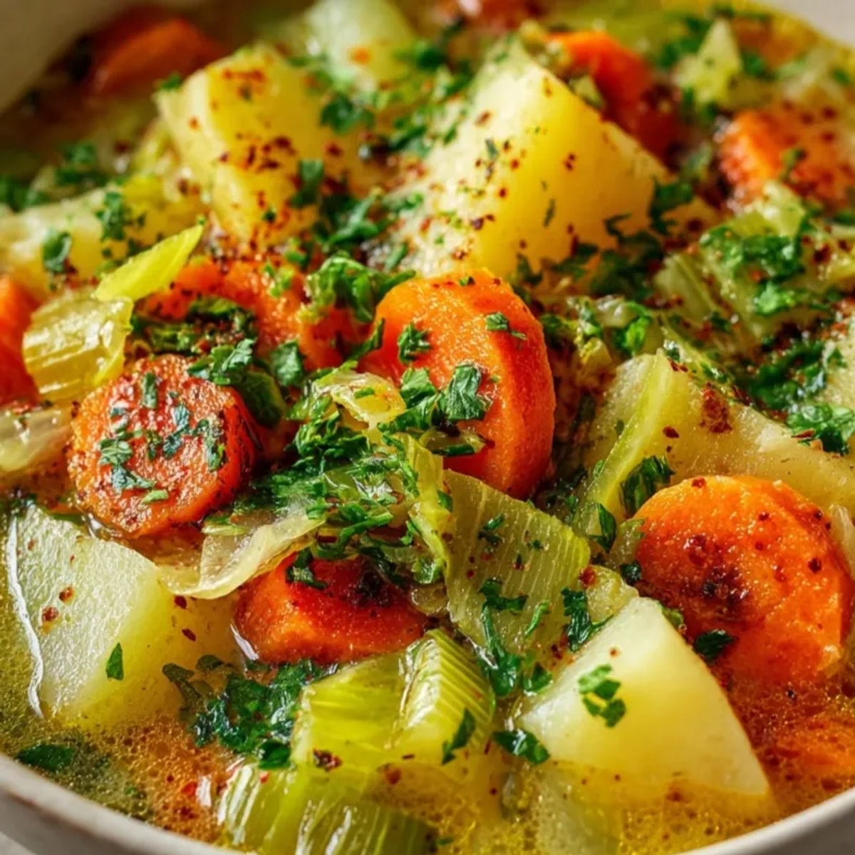 Cremige deutsche Kartoffelsuppe: zarte Kartoffeln und Gemüse in einer herzhaften Brühe, ein traditionelles Rezept.