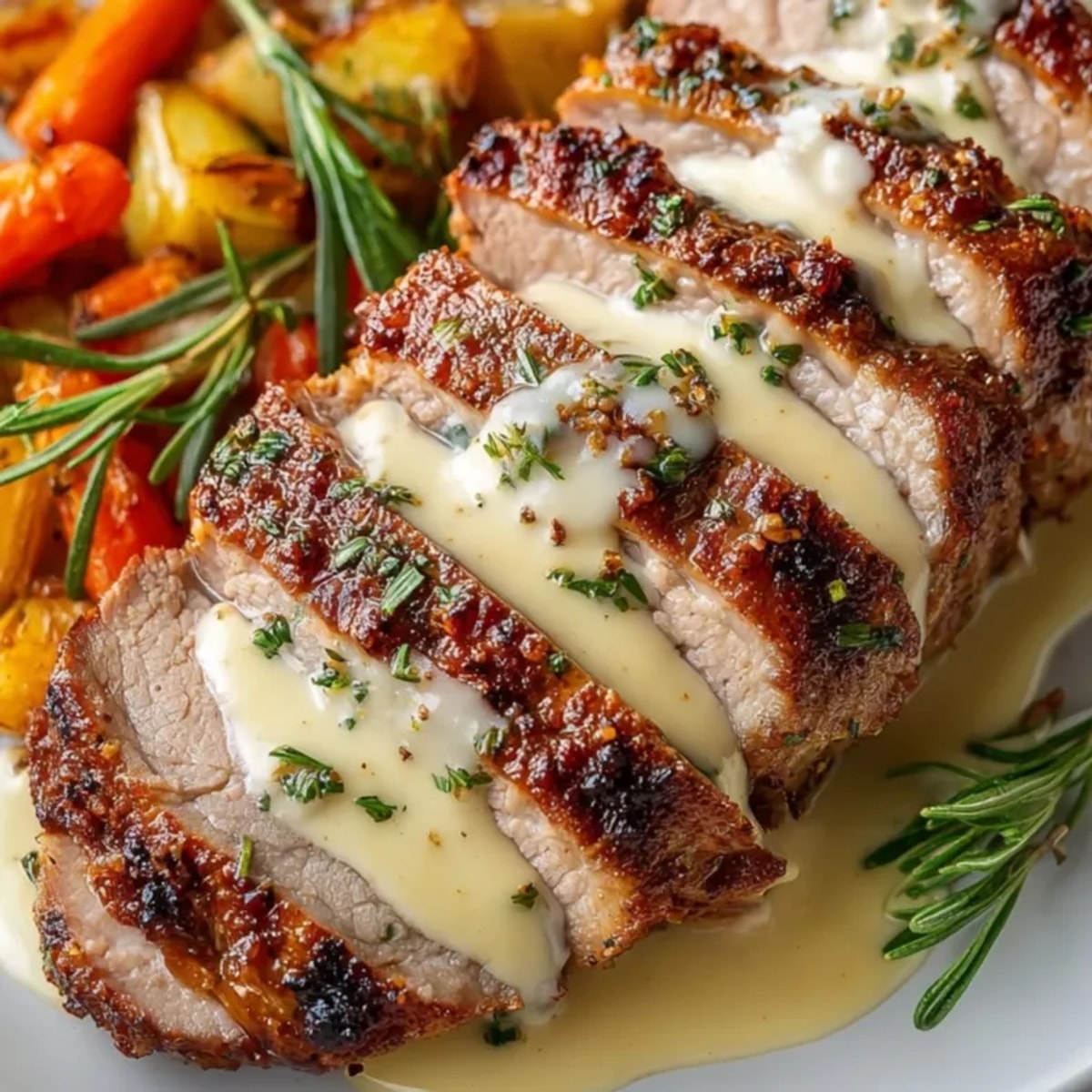 Saftiger Schweinelendenbraten mit cremiger Senfsauce, golden geröstet und sofort servierfertig.