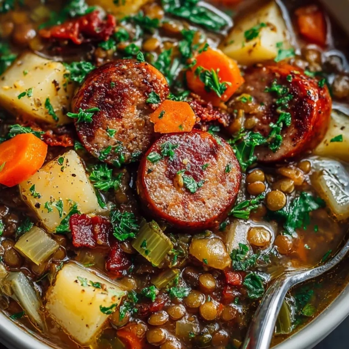 Hearty German Lentil Soup simmering - a comforting and savory dish.