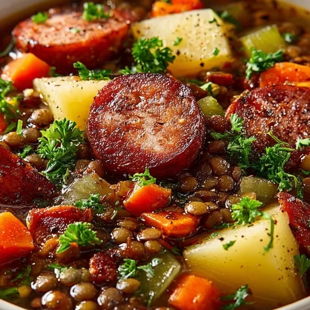 Close-up of rustic German Lentil Soup with sausage, ready to serve!