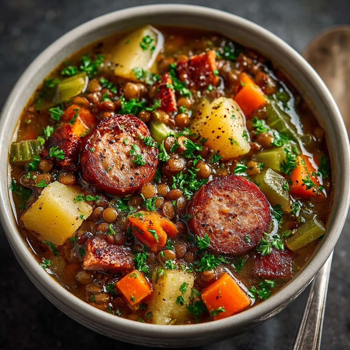 Warm bowl of German Lentil Soup garnished with parsley, steam rising.