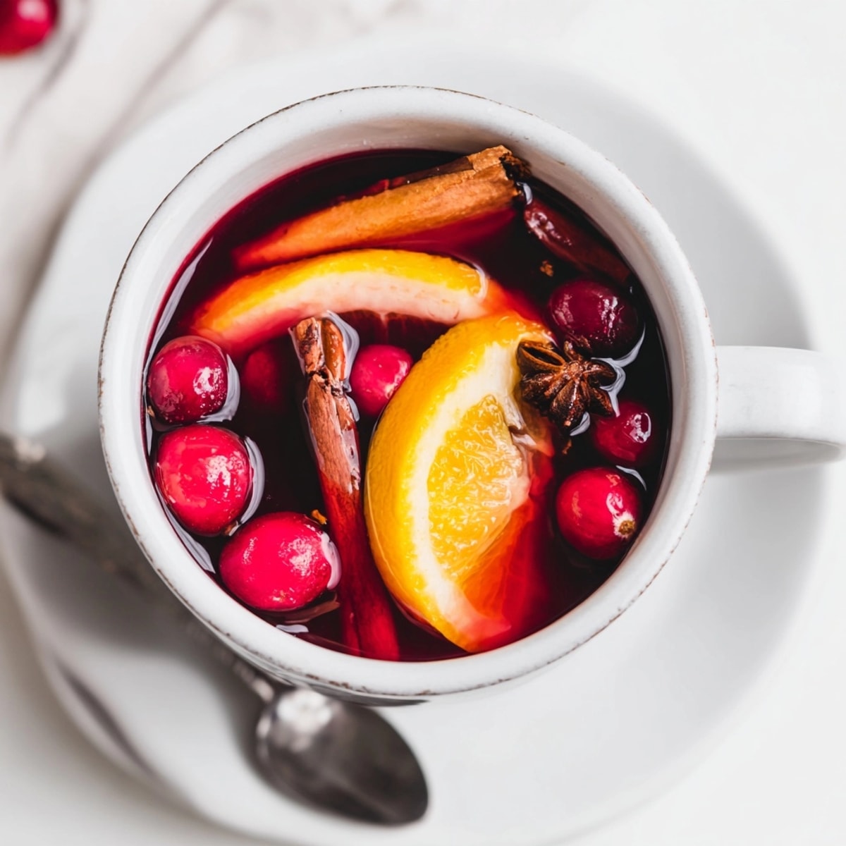 Festlicher Cranberry-Glühwein-Mocktail: Sprudelnd, leuchtend rot, serviert mit Orangen und Zimtstangen.